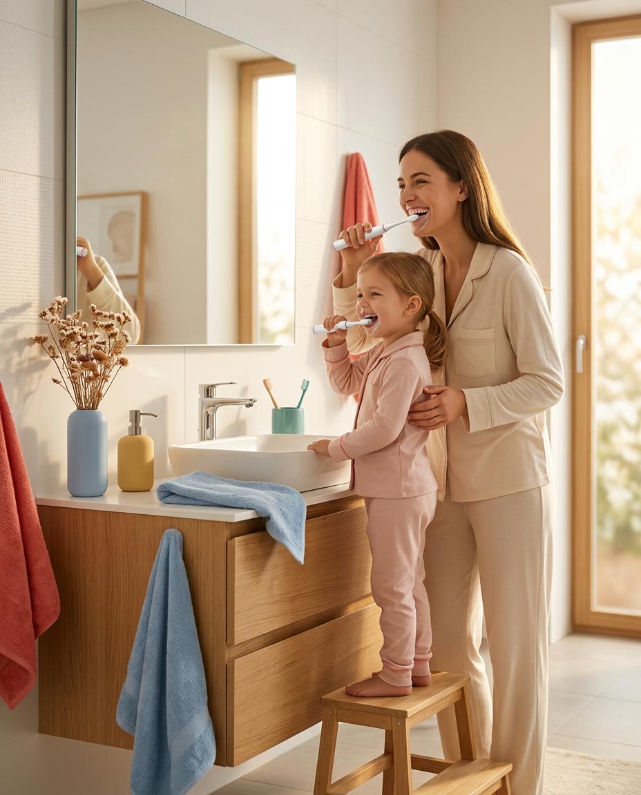 Happy family brushing teeth